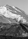 Black and white closeup of Pioneer Ridge on Mount McKinley (Denali).